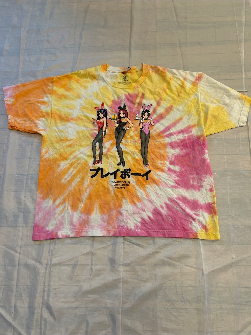 PLAYBOY Tie-Dye Tee with Yellow Orange Pink Bunny Pinups
